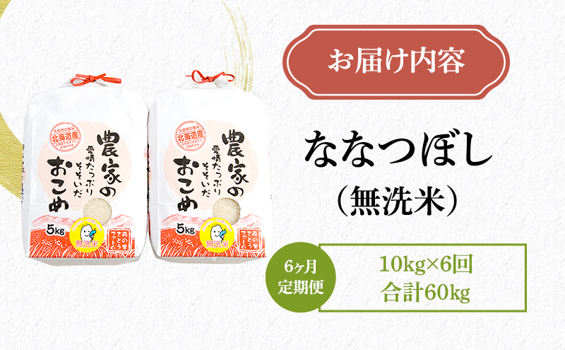 無洗米 定期便 6ヶ月 北海道南るもい産 ななつぼし 10kg (5kg×2袋) お米 おこめ こめ コメ 白米 精米 ご飯 ごはん 6回 半年 お楽しみ 北海道 留萌