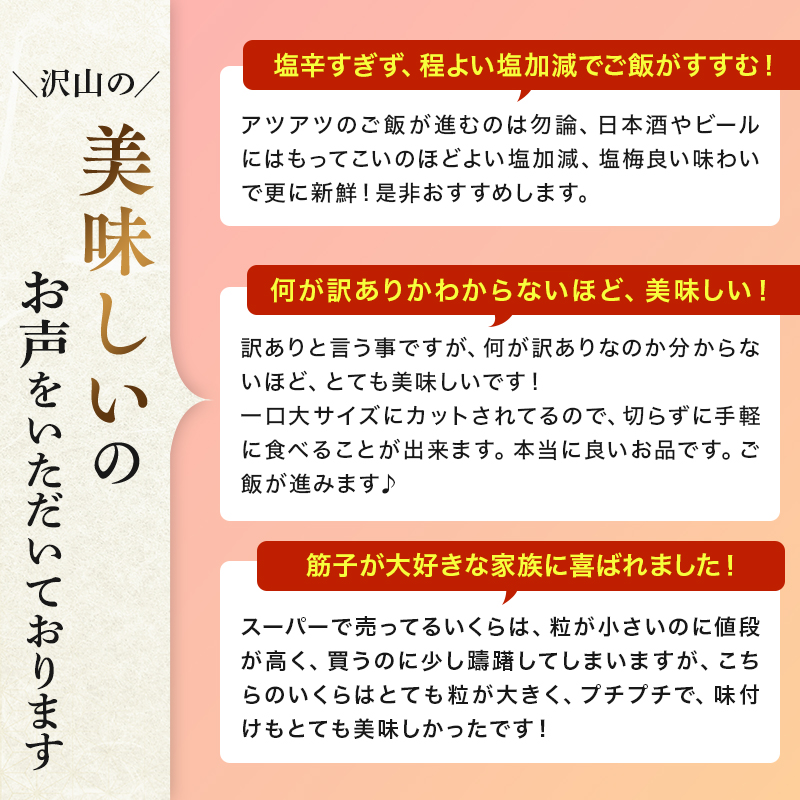 魚卵 定期便 6ヵ月 すじこ 訳あり 北海道 紅鮭 筋子 醤油 漬け 500g (250g×2個入) 加藤水産 ひとくちカット 不揃い 小分け つまみ おつまみ ごはんのお供 惣菜 おかず 珍味 海鮮 海産物 海の幸 魚介 魚介類 鮭 いくら イクラ 訳アリ わけあり