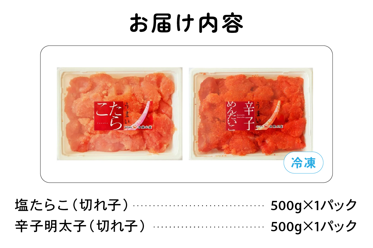 訳あり塩たらこ･辛子明太子切子セット（500g×各1パック）　バラ子 切れ子 たらこ 明太子 加藤水産 ひとくちサイズ 切子 不揃い つまみ おつまみ ごはんのお供 惣菜 おかず パスタ お茶漬け 珍味 海鮮 海産物 海の幸 魚介 魚介類 訳あり 訳アリ わけあり おせち