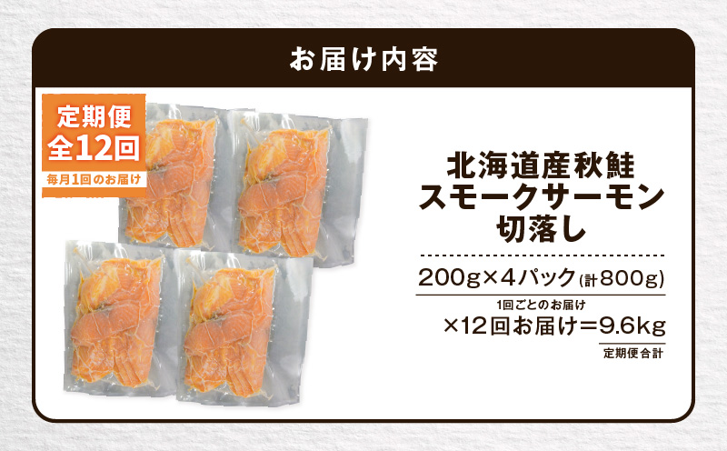 【全12回定期便（毎月）】【王子サーモン】北海道産チップで燻製　北海道産秋鮭スモークサーモン切落し200g×4個セット　T041-T16-05