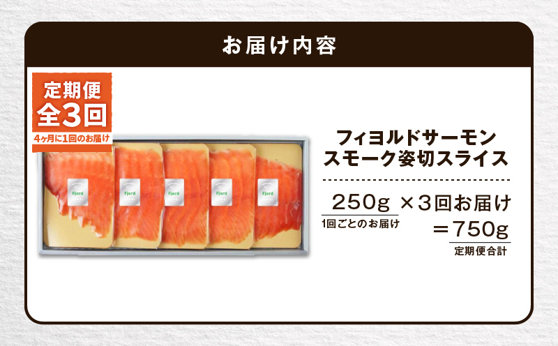 【全3回定期便（4ヶ月毎）】【王子サーモン】フィヨルドサーモンスモーク姿切スライス 250g　T041-T12-02