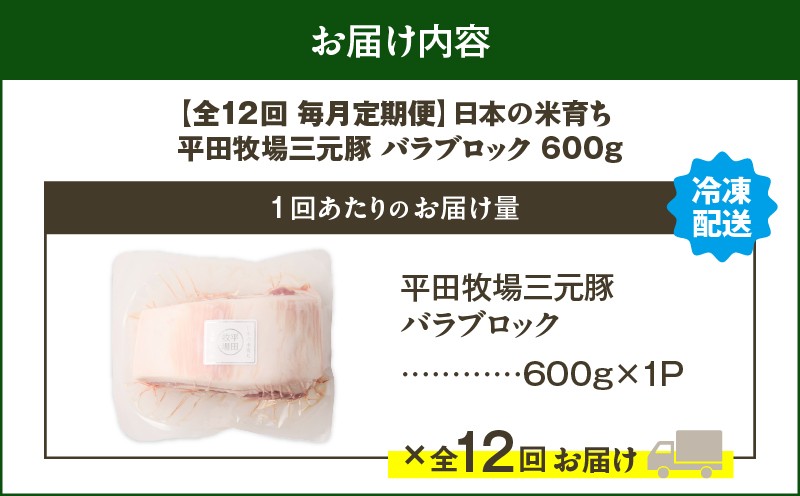 【全12回 毎月定期便】日本の米育ち平田牧場三元豚バラブロック 600g　T036-T08-03