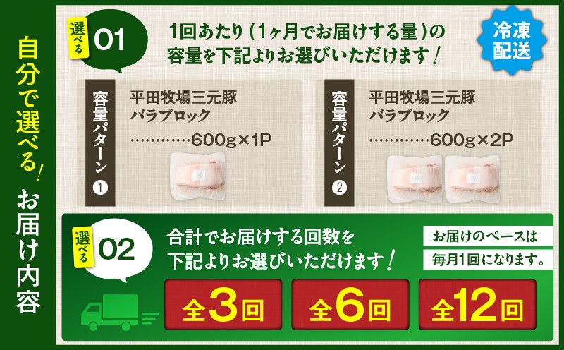 【全12回 毎月定期便】日本の米育ち平田牧場三元豚バラブロック 600g　T036-T08-03