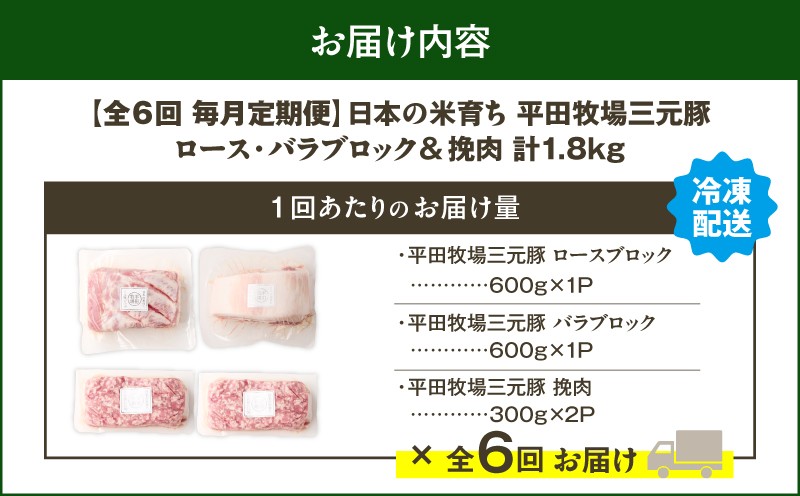 【全6回 毎月定期便】日本の米育ち平田牧場三元豚バラブロック 600g・豚ロースブロック 600g・豚挽肉 600g　T036-T15-02