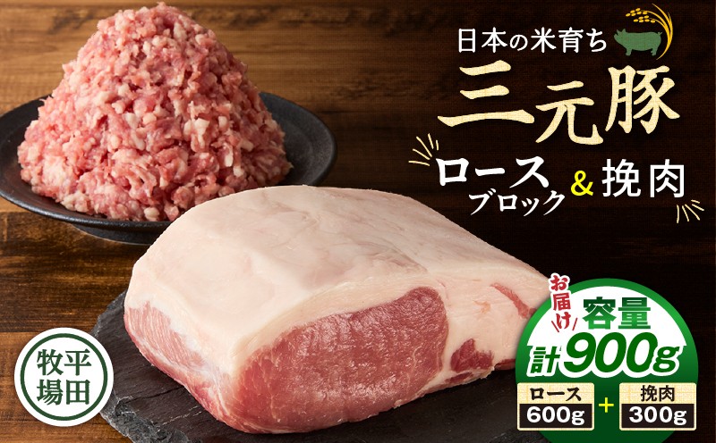 日本の米育ち平田牧場 三元豚ロースブロック（600g）・挽肉（300g）計900g　T036-009
