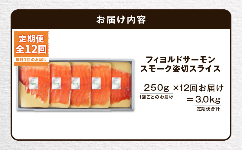 【全12回定期便（毎月）】【王子サーモン】フィヨルドサーモンスモーク姿切スライス 250g　T041-T12-05
