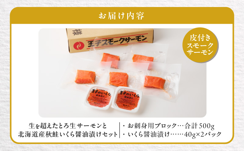 【王子サーモン】生を超えた「とろ生サーモン」と北海道産秋鮭 いくら醤油漬セット 計580g　T041-001