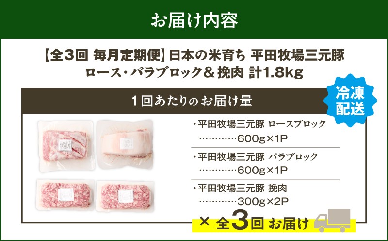 【全3回 毎月定期便】日本の米育ち平田牧場三元豚バラブロック 600g・豚ロースブロック 600g・豚挽肉 600g　T036-T15-01