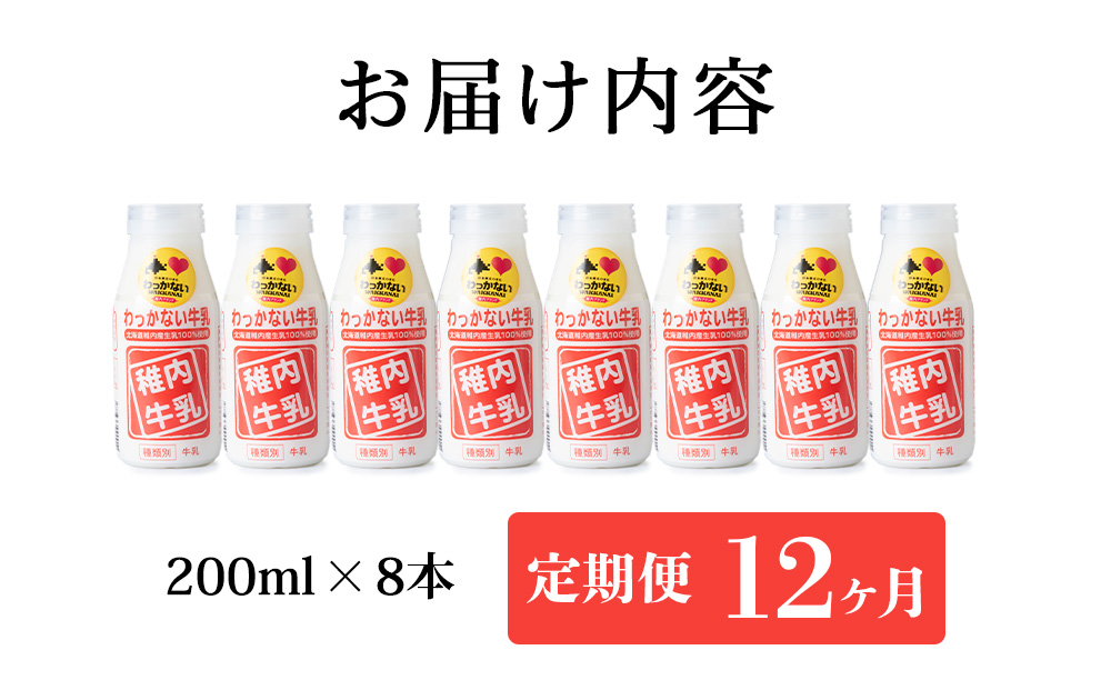 【定期便12ヶ月】稚内牛乳 200ml×8本