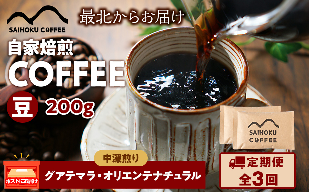 【定期便3ヶ月】自家焙煎珈琲　グアテマラ・オリエンテナチュラル 中深煎り(豆) 200g