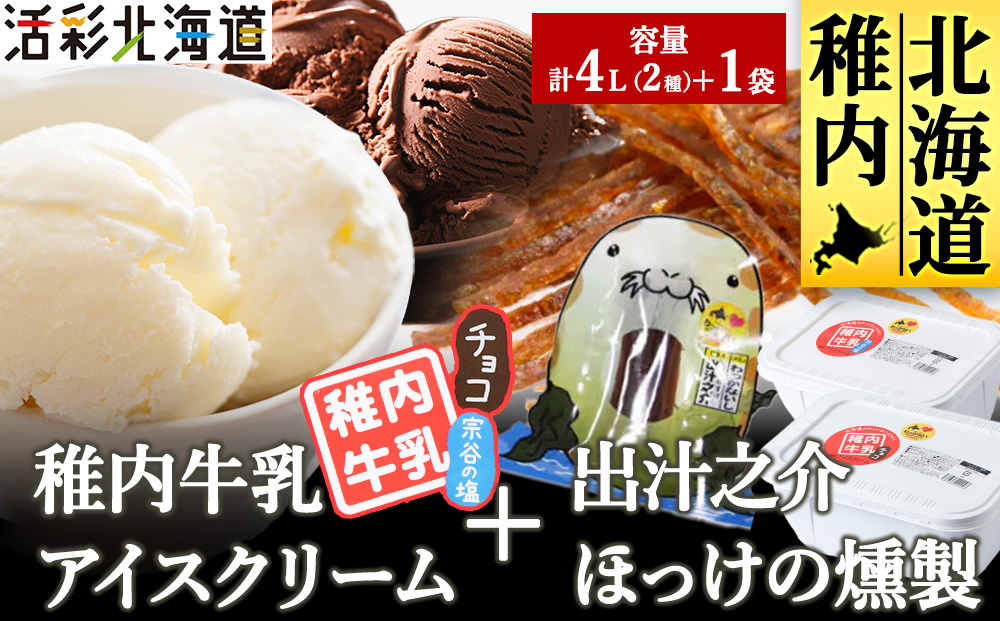 【業務用】稚内牛乳 アイスクリーム 2L×2個（宗谷の塩 & チョコレート）と 珍味