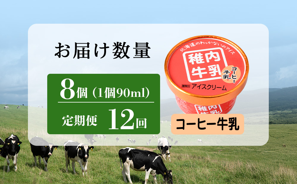 【定期便12ヶ月】稚内牛乳 アイスクリーム コーヒー牛乳　8個セット（各90ml）