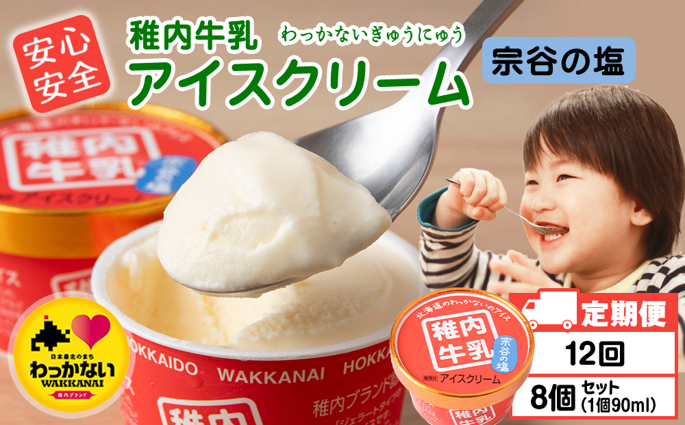 【定期便12ヶ月】稚内牛乳 アイスクリーム 宗谷の塩　8個セット（各90ml）