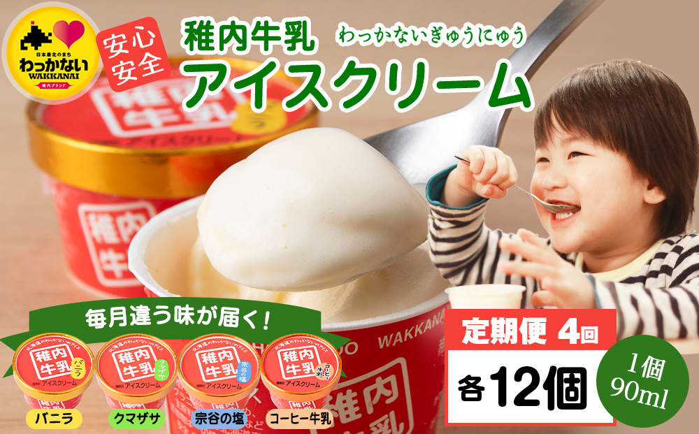 【定期便4ヶ月】毎月違う味が届く！稚内牛乳 アイスクリーム (バニラ、クマザサ、コーヒー牛乳、宗谷の塩)各12個