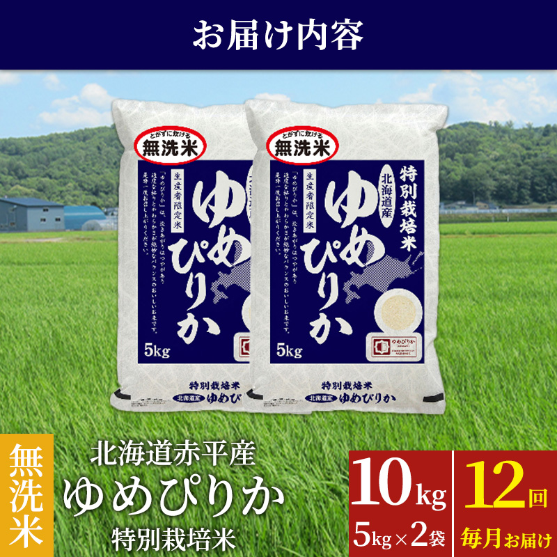 無洗米 北海道赤平産 ゆめぴりか 10kg (5kg×2袋) 特別栽培米 【12回お届け】 米 北海道 定期便 