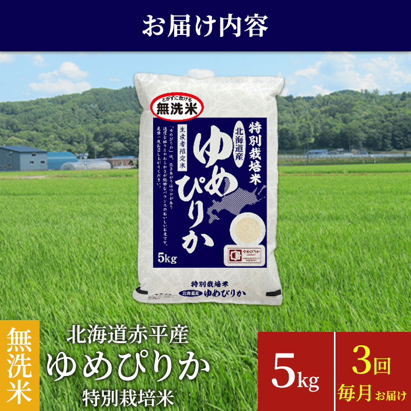 無洗米 北海道赤平産 ゆめぴりか 5kg 特別栽培米 【3回お届け】 米 北海道 定期便