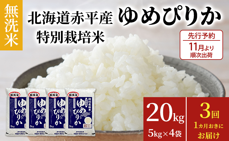 無洗米 北海道赤平産 ゆめぴりか 20kg (5kg×4袋) 特別栽培米 【1ヵ月おきに3回お届け】 米 北海道 定期便