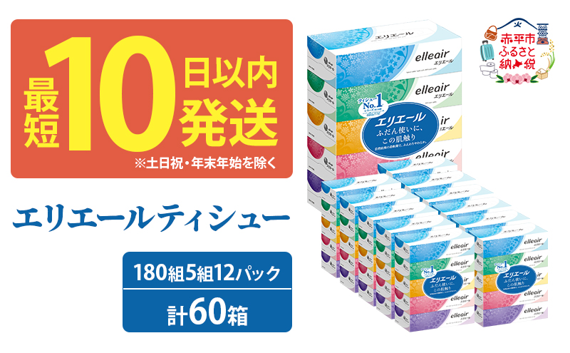 エリエール ティシュー 180組5箱 12パック 計60箱 最短 10日以内 箱ティッシュ ボックスティッシュ まとめ買い ペーパー 紙 防災 常備品 備蓄品 消耗品 備蓄 日用品 生活必需品 送料無料 北海道 赤平市