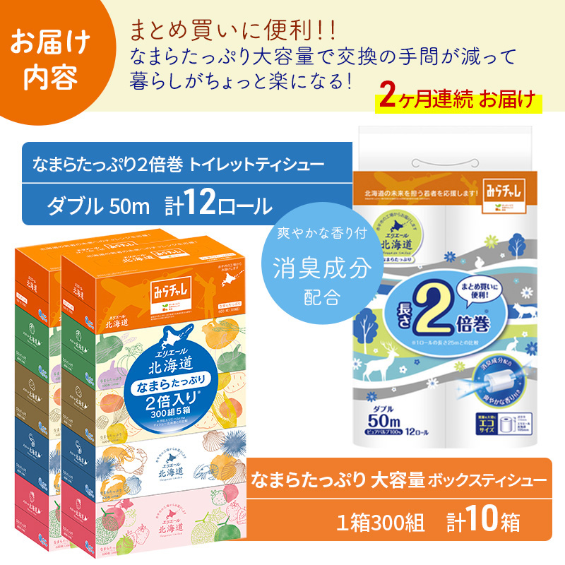 定期便 2ヵ月連続お届け エリエール [アソートL] なまらたっぷり 大容量 トイレットペーパー ティッシュ トイレ ボックスティッシュ 防災 ひとり暮らし 紙 常備品 備蓄品 消耗品 日用品 生活必需品 送料無料 赤平市 やわらかな肌触り 