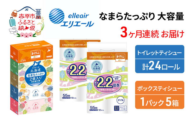 定期便 3ヵ月連続お届け エリエール [アソートI] なまらたっぷり 大容量 トイレットペーパー ティッシュ トイレ ボックスティッシュ 防災 常備品 備蓄品 消耗品 日用品 生活必需品 送料無料 赤平市