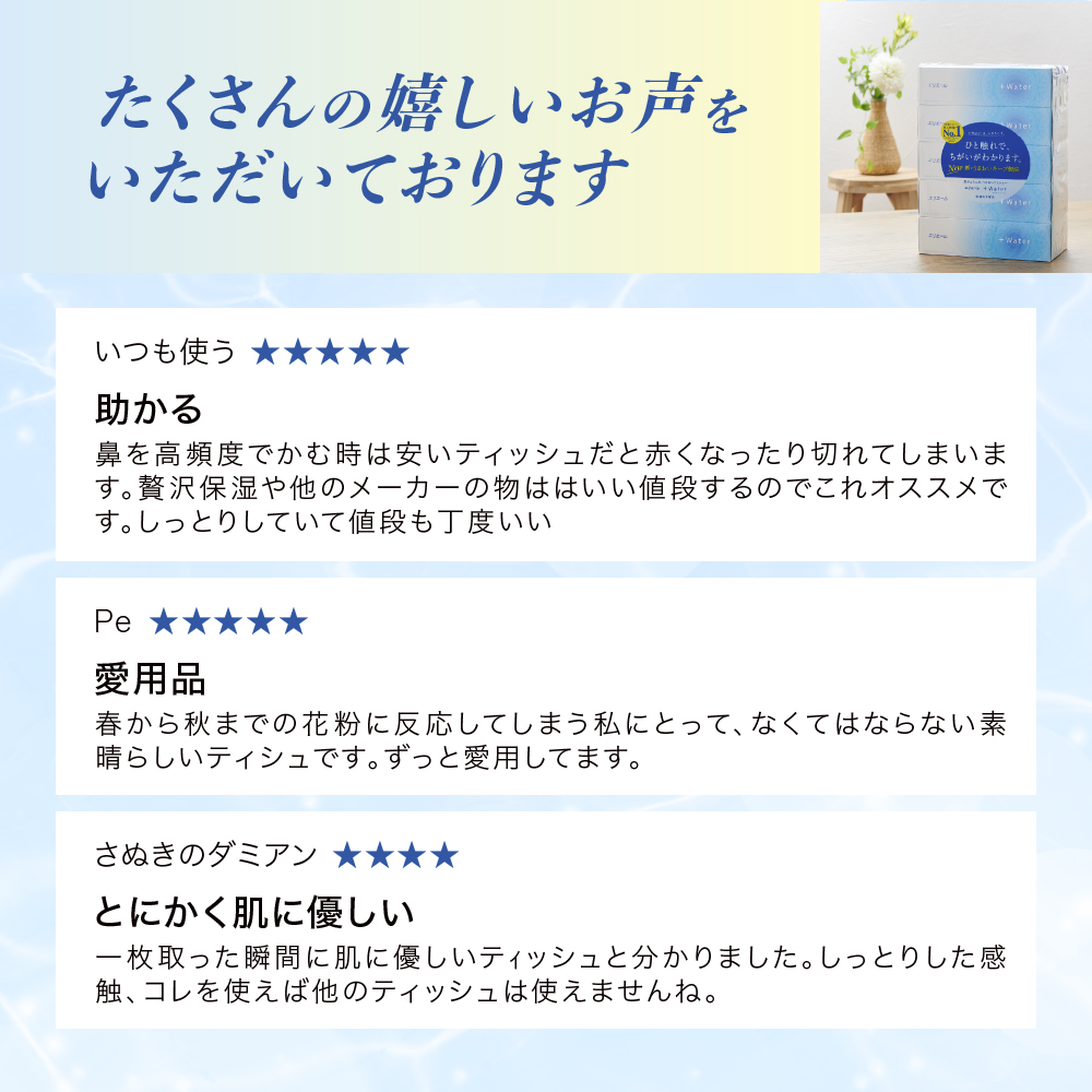 【2回お届け・計100箱】エリエール ＋Water 180組 5箱×10パック ティッシュペーパー 箱ティッシュ ボックスティッシュ 日用品 消耗品 保湿成分配合 やわらか 定期便