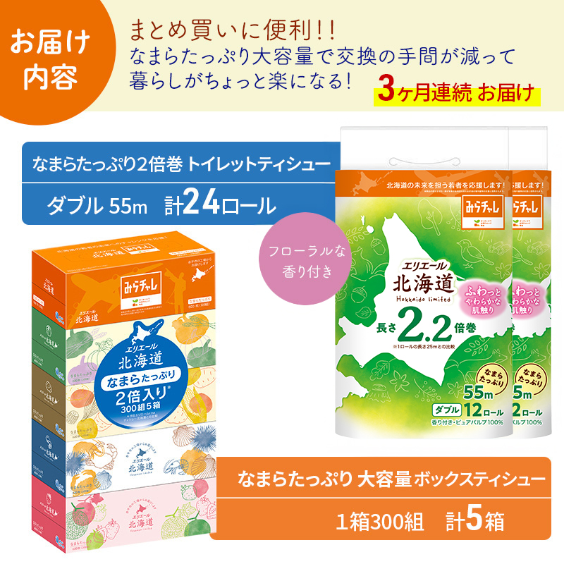 定期便 3ヵ月連続お届け エリエール 収納に便利 コンパクト 〈アソート〉 なまらたっぷり 大容量 トイレットペーパー ティッシュ トイレ ボックスティッシュ ひとり暮らし 紙 常備品 消耗品 日用品 生活必需品
