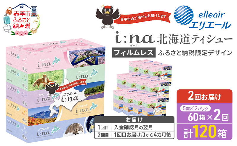 【2回お届け 計120箱】エリエール i:na (イーナ) 北海道 ティシュー 150組5箱 12パック フィルムレス ふるさと納税限定デザイン イーナ ボックスティシュー 箱ティッシュ ペーパー 備蓄品 花粉 赤平市