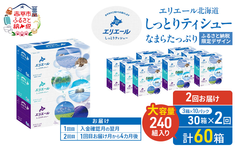 【2回お届け 計60箱】エリエール 北海道 しっとりティシュー なまらたっぷり 240組3箱 10パック ふるさと納税限定デザイン ボックスティシュー 箱ティッシュ ペーパー 備蓄品 花粉 保湿成分 グリセリン配合