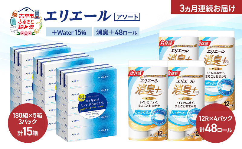 【定期便 3ヵ月連続お届け】エリエール 〈アソート〉 ＋Water 15箱 消臭＋ 48ロール トイレットペーパー ティッシュ トイレ ボックスティッシュ まとめ買い ペーパー 紙 防災 常備品 備蓄品 消耗品 備蓄 日用品