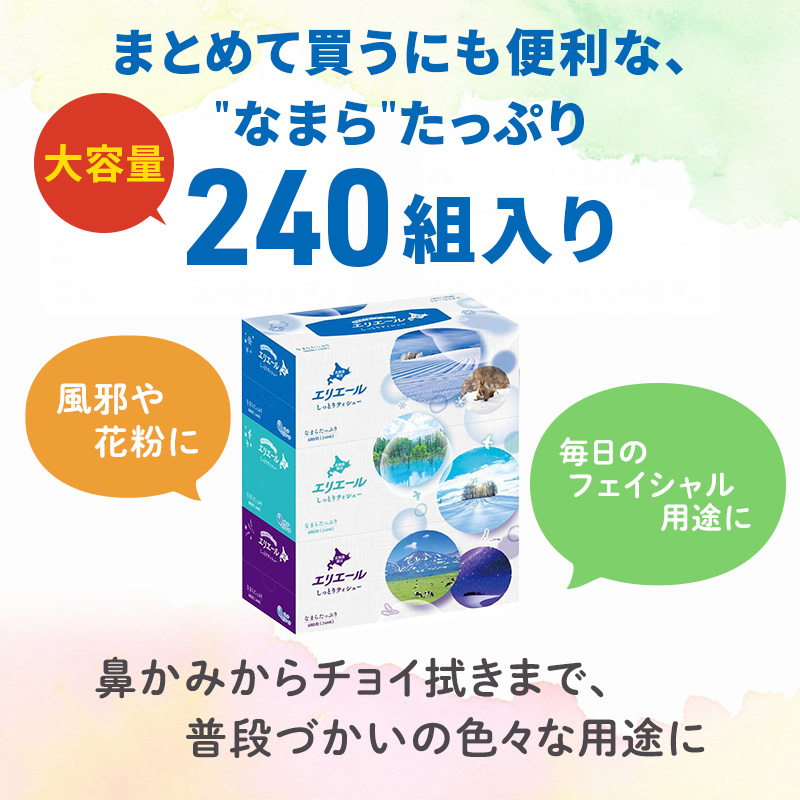 【定期便 3ヵ月連続お届け】エリエール 〈アソート〉贅沢保湿 200W3P 計9箱 北海道 しっとりティシュー なまらたっぷり 240組3箱 計6箱 ティッシュ ペーパー 箱 日用品 生活必需品 保湿成分配合 ティッシュ 紙