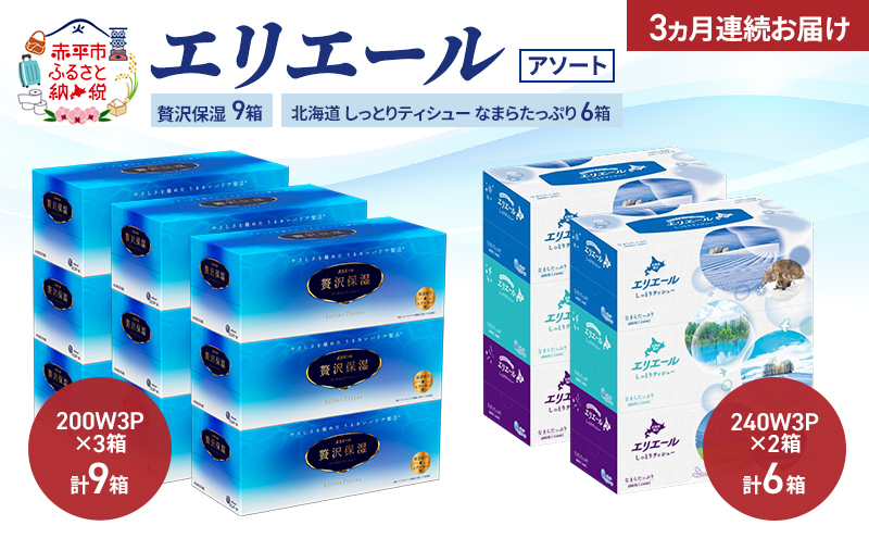 【定期便 3ヵ月連続お届け】エリエール 〈アソート〉贅沢保湿 200W3P 計9箱 北海道 しっとりティシュー なまらたっぷり 240組3箱 計6箱 ティッシュ ペーパー 箱 日用品 生活必需品 保湿成分配合 ティッシュ 紙