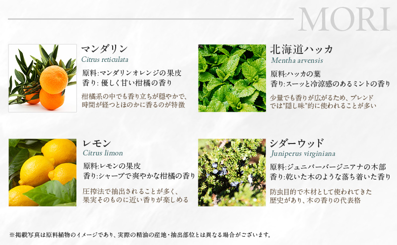 木々之重 MORI エッセンシャルオイル 10ml アロマスプレー 50ml セット アロマオイル アロマグッズ 香り 精油 天然由来 シダーウッド マンダリン レモン ハッカ 清涼感 果物 爽快感 さっぱり リセット 癒し 贈答 プレゼント ご褒美