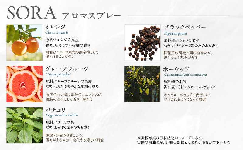 木々之重 SORA エッセンシャルオイル 10ml アロマスプレー 50ml セット アロマオイル アロマグッズ 香り 精油 天然由来 オレンジ グレープフルーツ カルダモン パチュリ ブラックペッパー ホーウッド スパイス 気分転換 スッキリ 癒し 贈答 プレゼント