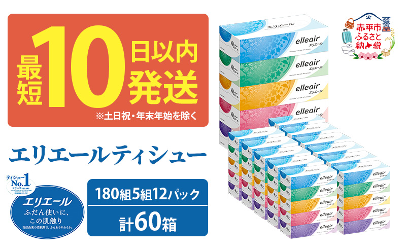 エリエール ティシュー 180組5箱 12パック 計60箱 最短 10日以内 最短配送 箱ティッシュ ボックスティッシュ まとめ買い ペーパー 紙 防災 常備品 備蓄品 消耗品 備蓄 日用品 生活必需品 送料無料 北海道 赤平市