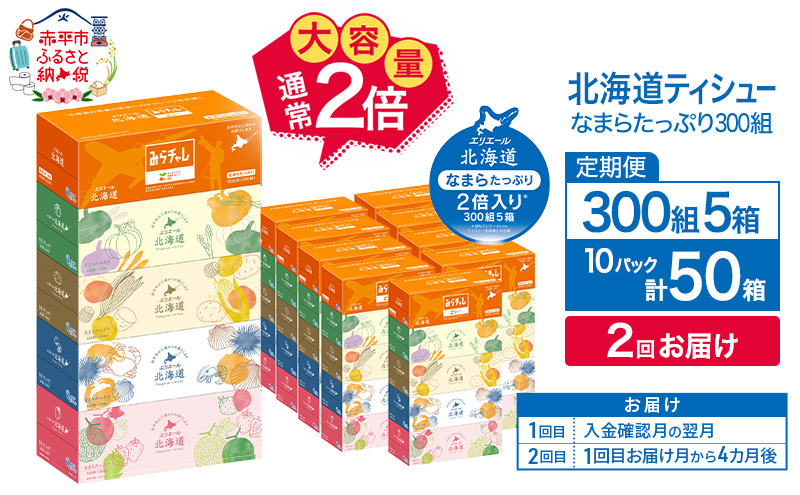 【2回お届け 計100箱】エリエール 北海道 ティシュー なまらたっぷり 300組5箱 10パック 大容量 まとめ買い 防災 常備品 備蓄品 消耗品 日用品 生活必需品 送料無料 赤平市 ストック