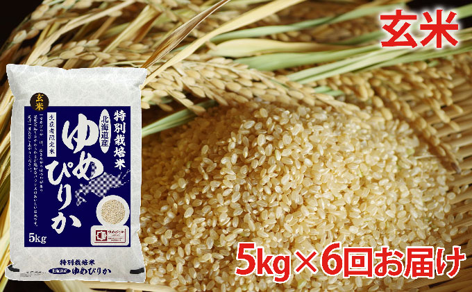 玄米　北海道赤平産ゆめぴりか特別栽培米5kg×6回お届け
