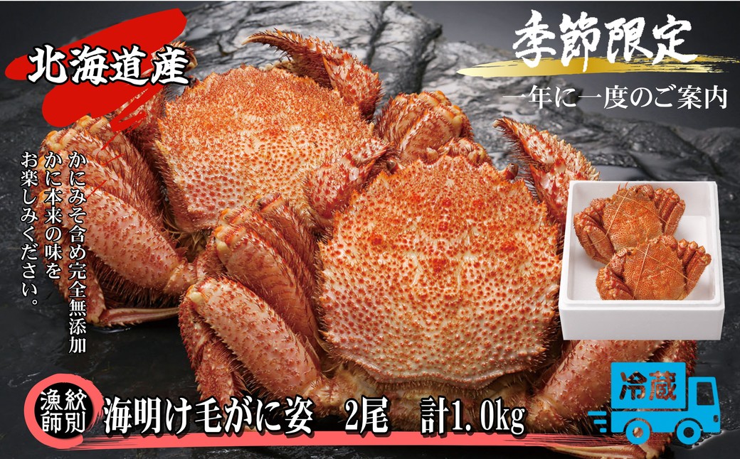 46-3 【北海道産】海明け毛がに姿 2尾計約1.0kg【期間限定5月18日まで受付予定】(冷蔵便)