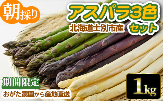 《数量・期間限定》朝採り アスパラ3色セット(1kg)【2026年4月下旬以降発送予定】 アスパラガス アスパラ ホワイトアスパラ グリーンアスパラ パープルアスパラ 紫アスパラ 北海道産 野菜 朝採り 産地直送 新鮮野菜 【おがた農園】【B7152】