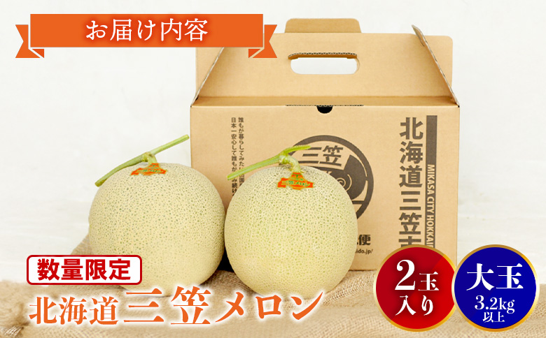 《2026年分受付中》大玉！とろける食感の北海道三笠メロン2玉入(3.2kg以上) | メロン 先行予約 ２玉 フルーツ 3.2kg 果物 デザート グルメ 旬 取り寄せ 贈り物 ふるさと納税 三笠市 三笠【0106202】