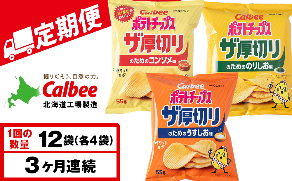 【定期便3カ月】ザ厚切りのための ３種セット うすしお・コンソメ・のりしお 各4袋 カルビー ポテトチップス 《千歳工場製造》