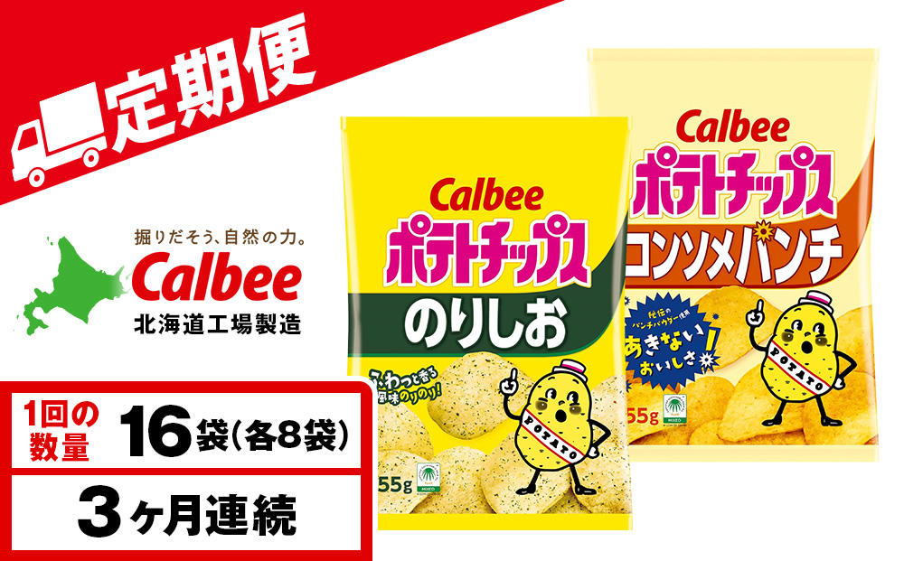 【定期便3カ月】カルビーポテトチップス 2種セット コンソメパンチ・のりしお 各8袋 《千歳工場製造》