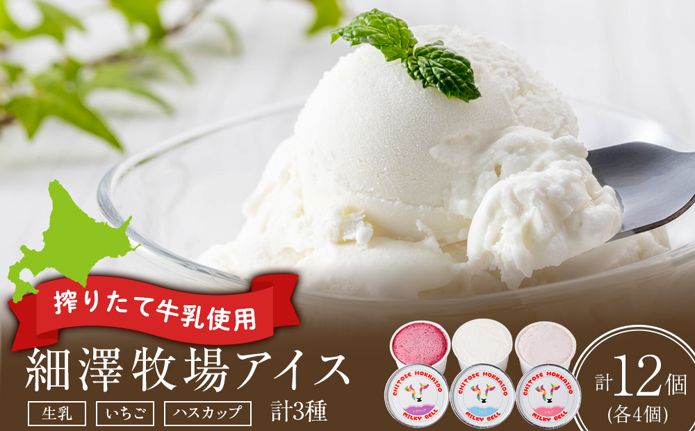 細澤牧場アイス　12個（生乳×4個 いちご×4個 ハスカップ×4個）