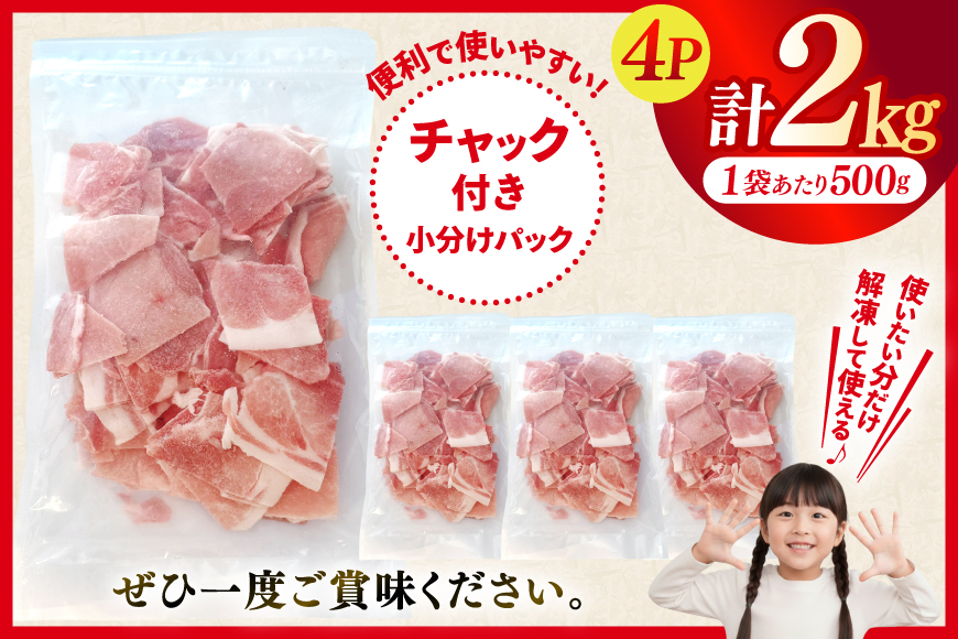 北海道産 豚肉 豚こま切れ 小分け 2kg ( 500g × 4P ) [スターゼン 北海道 砂川市 12260975] 小間切れ 豚 国産 冷凍