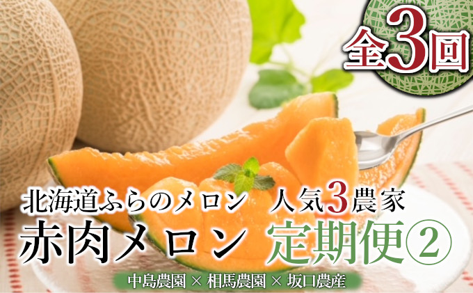 【年3回定期便】【2026年7～8月連続お届け】数量限定！ 美味 ふらのメロン 厳選3農家 コラボ  定期便(2)  食べ比べ 赤肉 2玉×3回 合計6玉 (北海道 富良野市 果物 フルーツ 甘い デザート 産地直送 新鮮 先着順 中島農園 相馬農園 坂口農産)