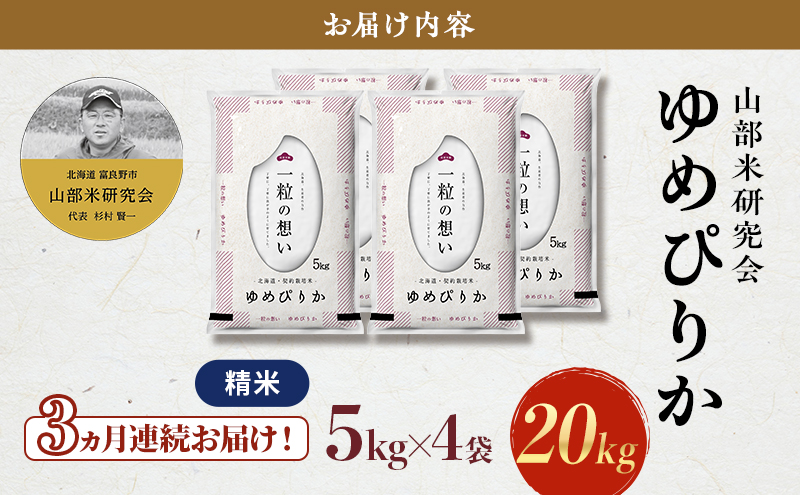 【令和6年度産】◆3ヵ月定期便◆ 富良野 山部米研究会【 ゆめぴりか 】精米 5kg×4袋（20kg）お米 米 ご飯 ごはん 白米 定期 送料無料 北海道 富良野市 道産 直送 ふらの