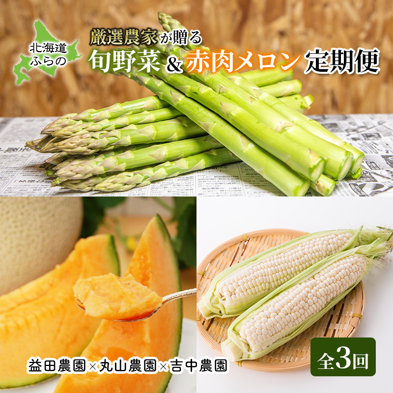 【年3回定期便】【2026年5～8月お届け】北海道 富良野 直送！ 旬の新鮮 夏野菜 厳選 3農家 スペシャルコラボ 定期便 (アスパラガス 赤肉メロン とうもろこし 北海道 富良野市 野菜 果物 フルーツ 甘い 新鮮 益田農園 丸山農園 吉中農園)