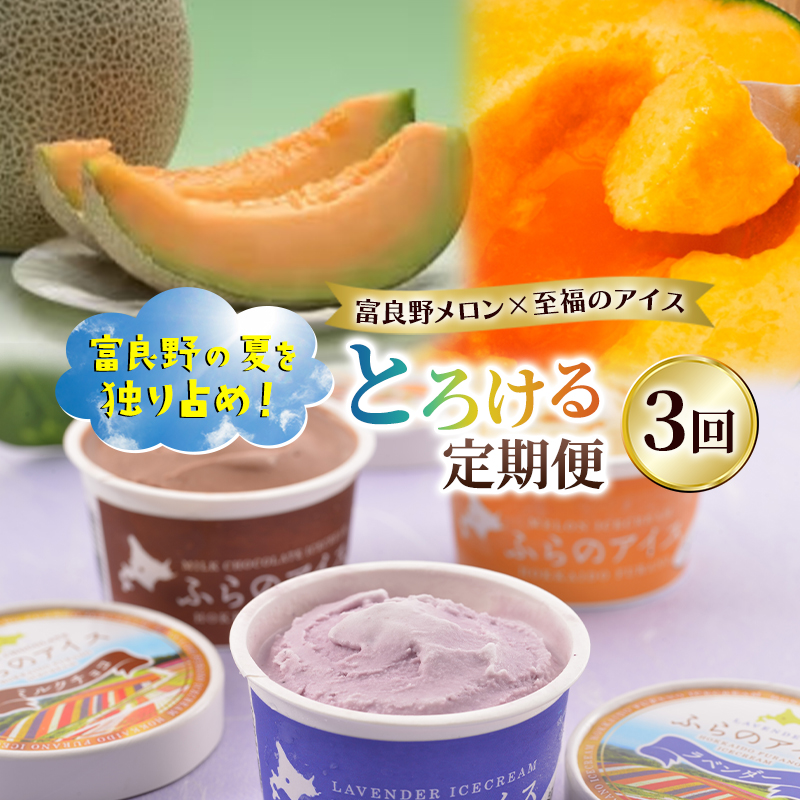 【定期便3回】富良野の夏を独り占め！富良野メロン×至福のアイス "とろける定期便" メロン 赤肉 大玉 果物 アイス アイスクリーム デザート おやつ ご褒美 冷凍 定期便 産地直送【2026年夏～発送】