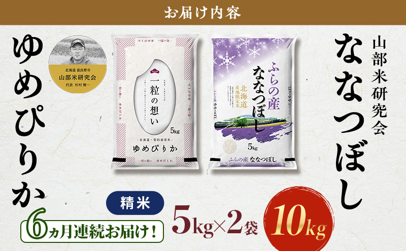 【令和7年度産】◆6ヵ月定期便◆ 富良野 山部米研究会【 ゆめぴりか＆ななつぼし 】精米 (計10kg) 定期便 令和7年 お米 米 ご飯 ごはん 白米 定期 送料無料 北海道 富良野市 道産 直送 ふらの