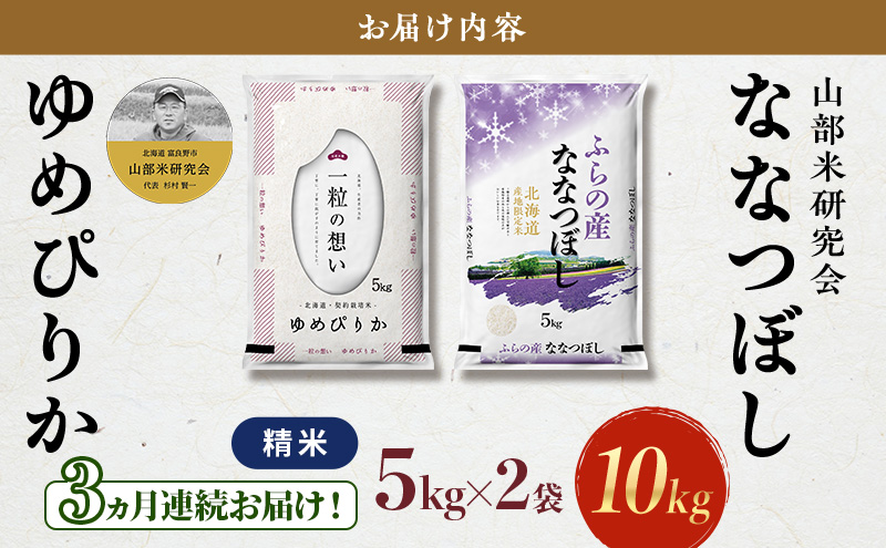 【令和8年度産】◆3ヵ月定期便◆ 富良野 山部米研究会【 ゆめぴりか＆ななつぼし 】精米 計10kg お米 米 ご飯 ごはん 白米 令和8年 令和8年産 定期便 定期 送料無料 北海道 富良野市 道産 直送 ふらの