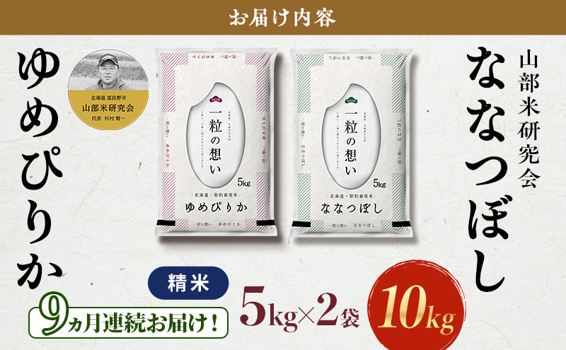 【令和8年度産】◆9ヵ月定期便◆ 富良野 山部米研究会【 ゆめぴりか＆ななつぼし 】精米 計10kg お米 米 ご飯 ごはん 白米 令和8年 令和8年産 定期便 定期 送料無料 北海道 富良野市 道産 直送 ふらの